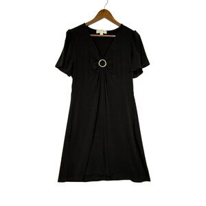 Michael Kors Womens Ruched Dress Black Size Large Metal Accent Short Sleeve